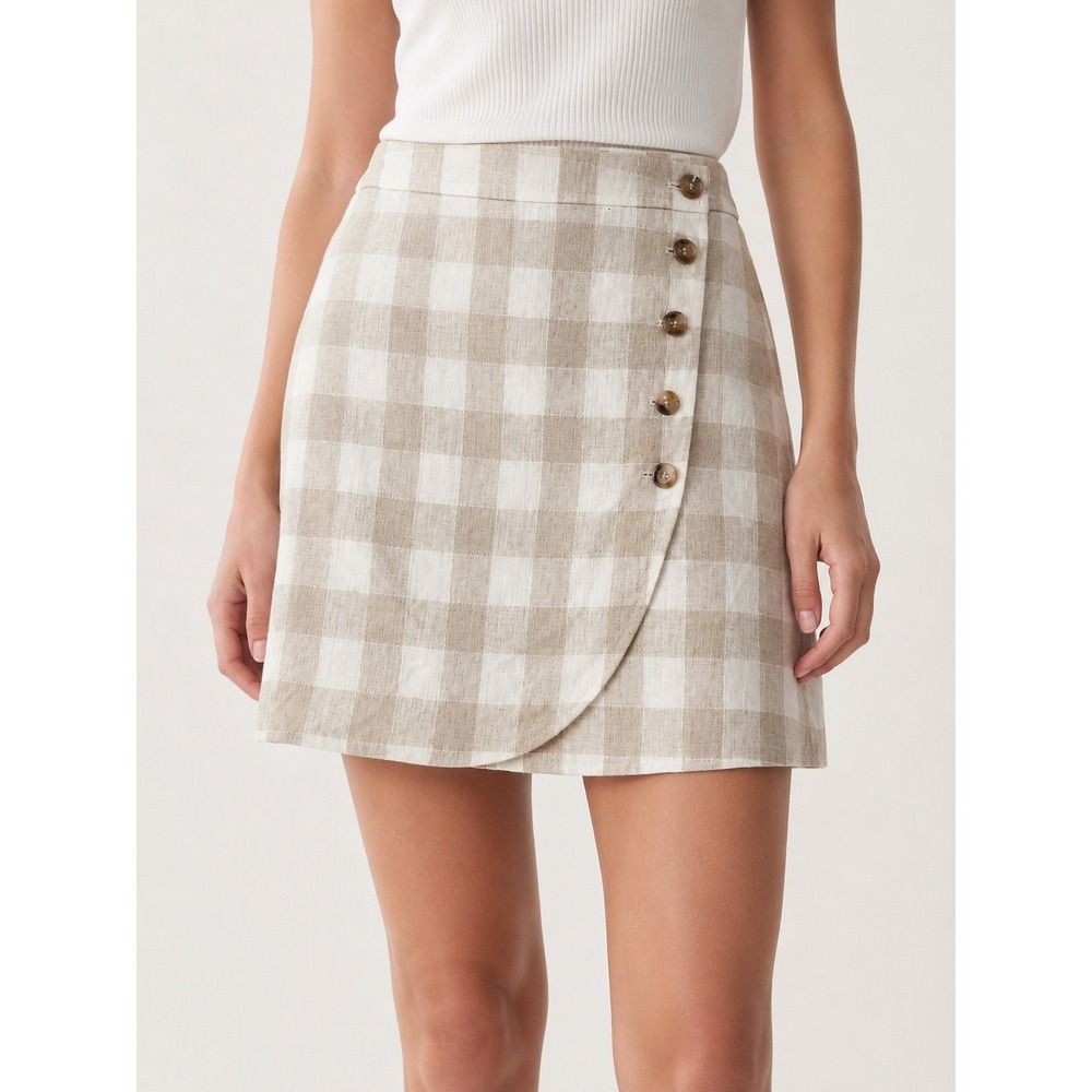 Madewell NWT Gingham Mini Skirt Women 10 Neutral Beige Linen Blend Button Front